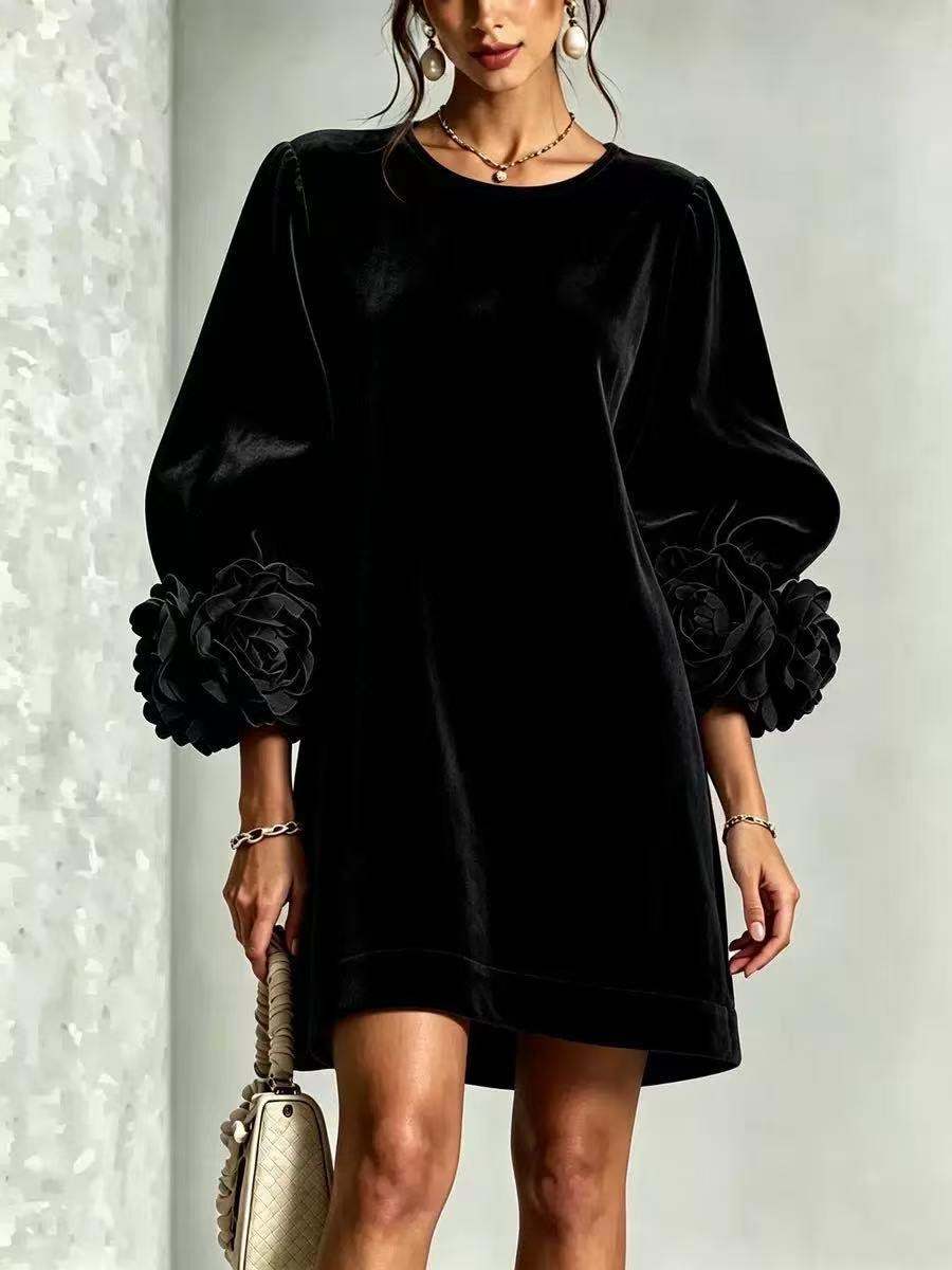 Nouvelle collection automne-hiver, robe en velours coréen pour femmes, robe à manches longues tendance avec manches à motifs floraux en relief 3D, idéale pour les soirées et le quotidien.