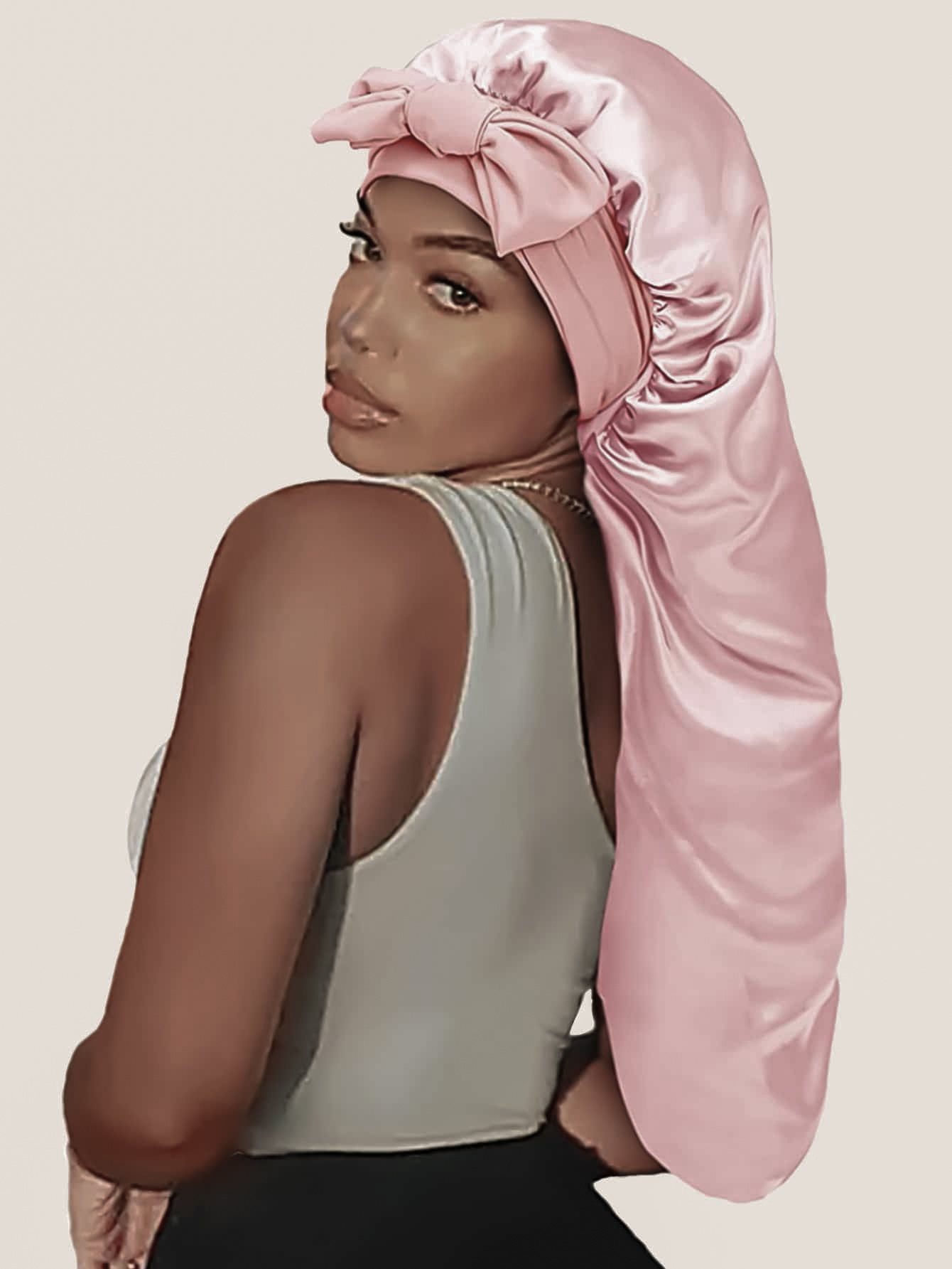 Bonnet de nuit long et ample en satin élastique pour femme avec ruban, respirant, turban, couvre-chef de sommeil, bandanas