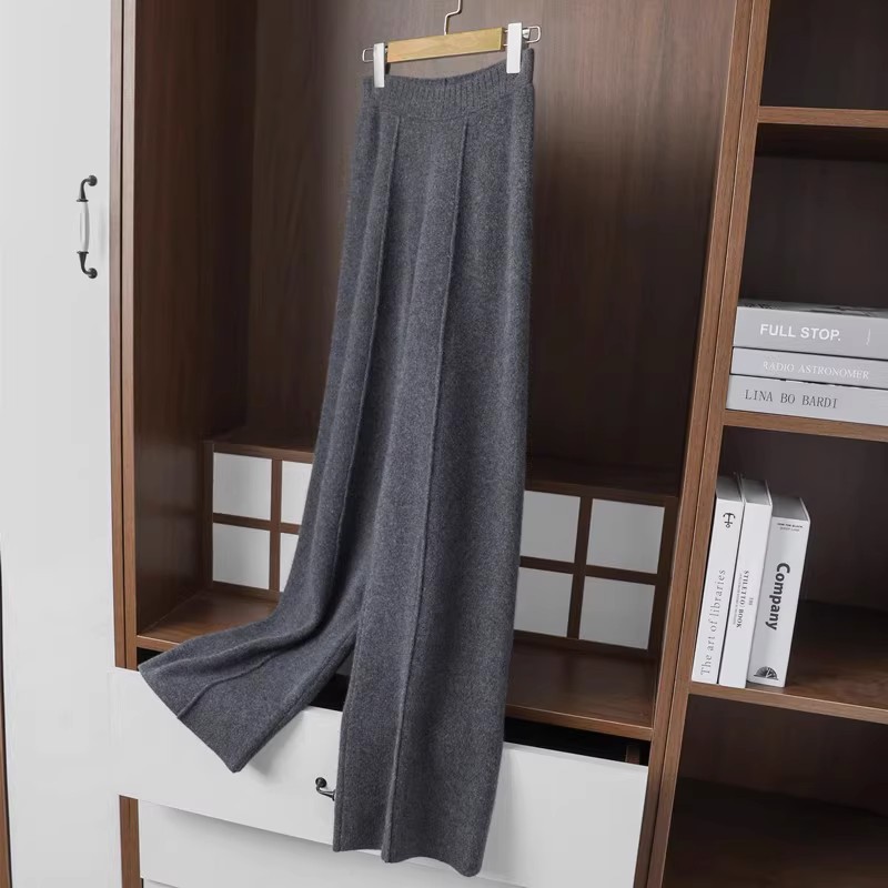 Pantalon à jambes larges pour femmes, couture moyenne, forme de jambe modifiée, ample, amincissant, tricoté, taille haute, couleur unie, 2024