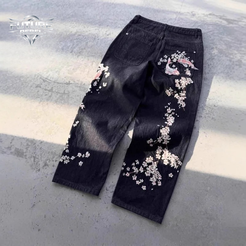 Jeans unisexe Harajuku, streetwear européen et américain, pantalon en denim brodé, coupe ample vintage à motif floral, jambe large droite, décontracté, nouveauté