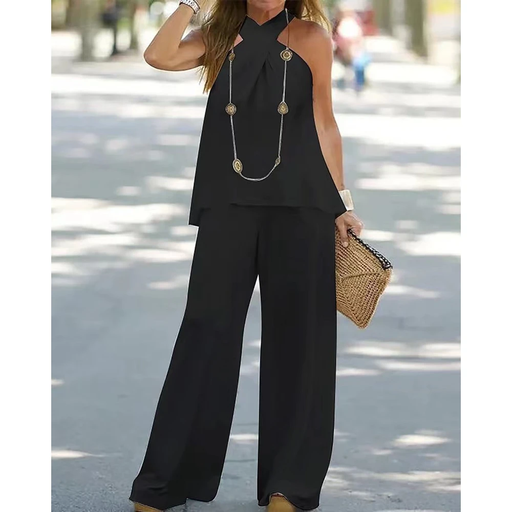 Ensemble deux pièces pour femme, haut à col en fibre de V et pantalon taille haute, tenue décontractée, survêtement à la mode