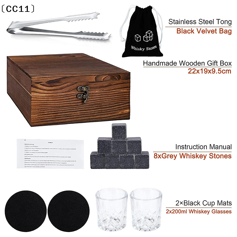 Cadeau pour la fête des pères, ensemble de pierres à whisky, 8 pièces, cubes de glace en granit + 2 tasses pour whisky dans une boîte en bois, cadeau pour papa〔CC11〕