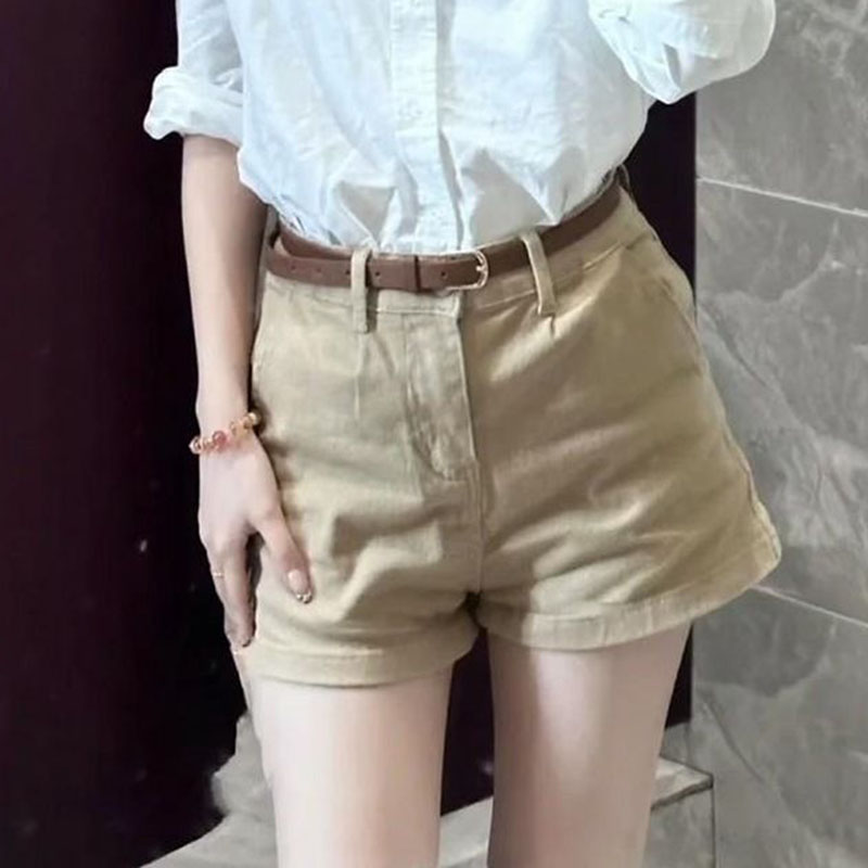 Short droit en Denim extensible pour femmes, kaki, décontracté, assorti avec tout, coréen, Simple, avec ceinture, pantalons courts chauds, été