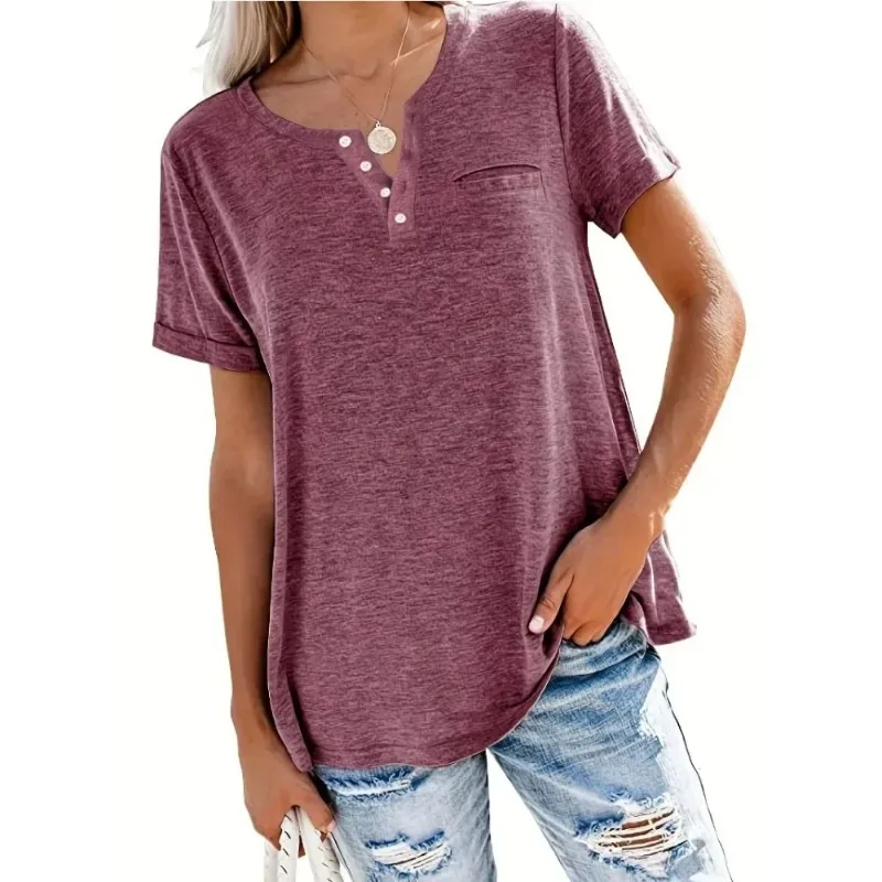 T-shirt décontracté à manches courtes et col en V pour femmes avec poches, grande taille, 1XL-5XL, printemps et été, nouveau style