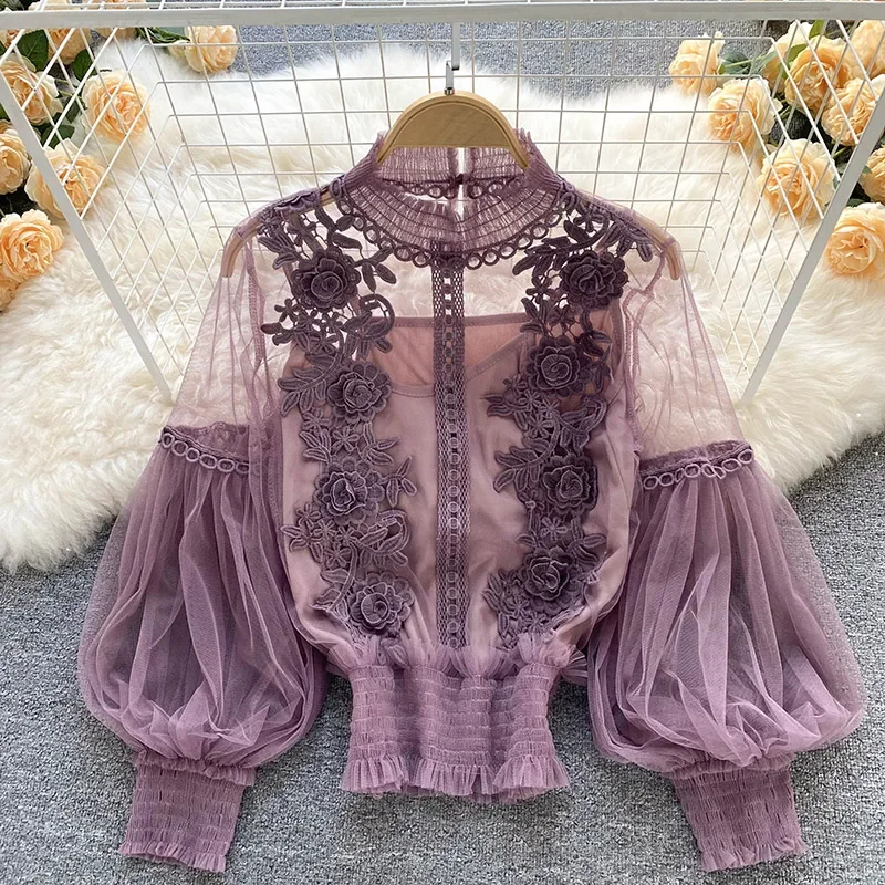 Dentelle bouffée à manches longues blouse vintage mode blouses élégant femme blusas coréen femme hauts femmes chemises vêtements livraison directe