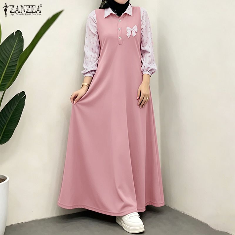 Robe longue modeste pour femmes musulmanes, col à demi-boutons, manches bouffantes, patchwork, robe longue ZANZEA, abaya islamique, robes femme