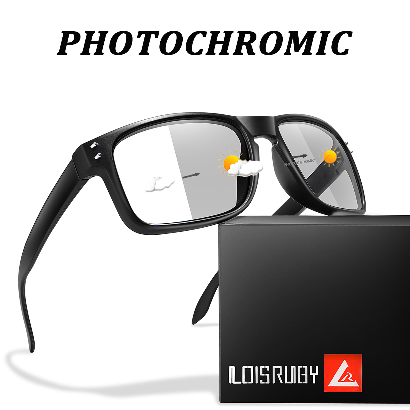 Lunettes de soleil photochromiques vintage pour hommes et femmes, monture carrée classique avec rivets pour les sports de plein air, la course à pied, le cyclisme