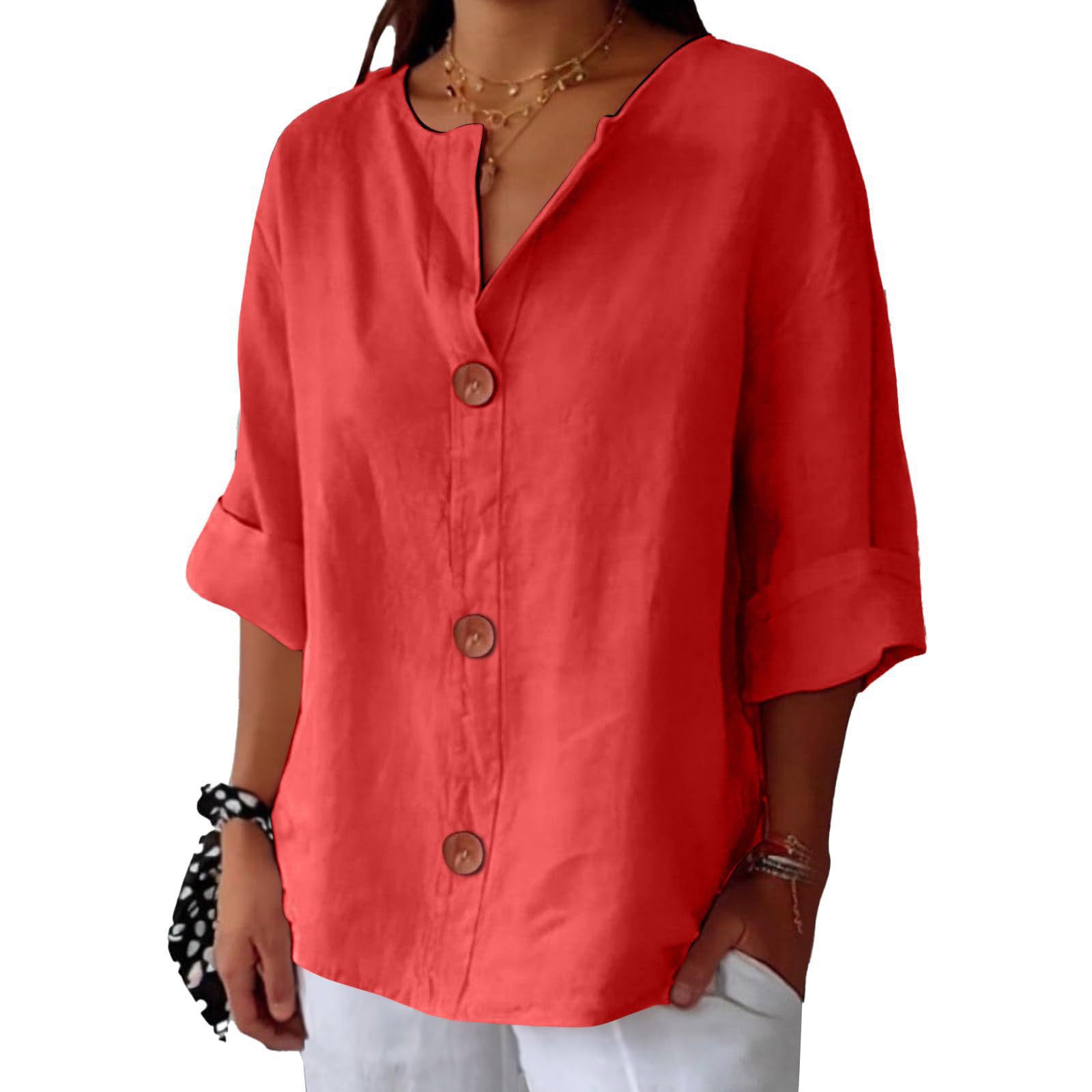 Chemisier décontracté pour femme 2026, nouvelle collection printemps-été, t-shirt ample en coton et lin à col en V, chemise boutonnée, vêtements pour femme