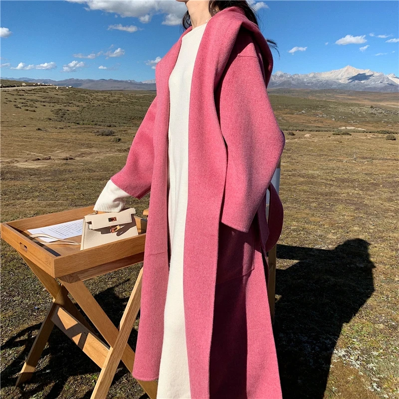 Manteau en Coton et Cachemire Double Face à Capuche Mi-Long pour Femme, Collection Automne-Hiver 2026, 100% Laine, Coupe Ample et Épaisse