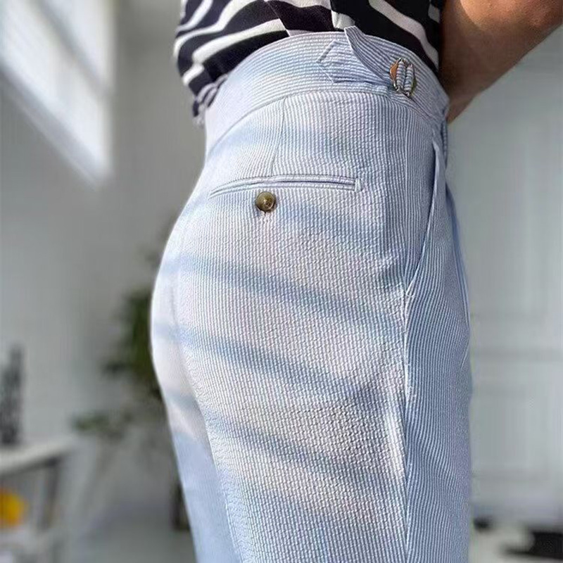 Mode hommes Style italien Naples costume pantalon rayures bleues Seersucker taille haute Paris boucle pantalon angleterre affaires décontracté Pa