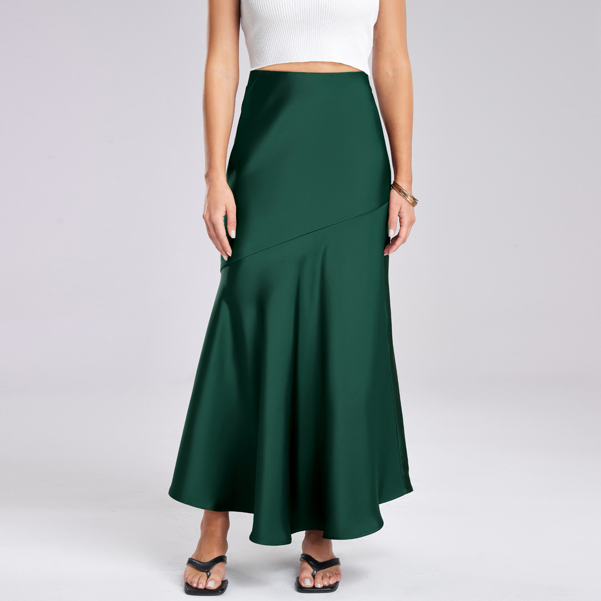 Queue de poisson Maxi jupe élégante fausse soie Satin jupes pour femmes taille haute a-ligne bureau dame jupe couleur unie finition brillante W6681