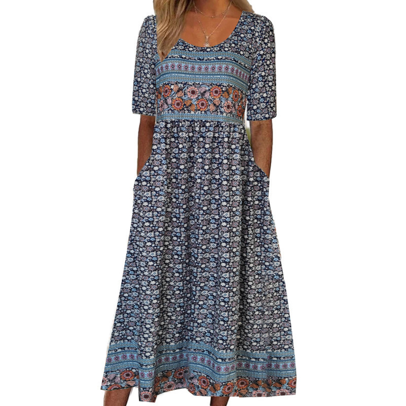 Robes pour femmes 2026 – Nouvelle collection été : Robe longue à col rond et manches courtes, imprimé bohème, pour vêtements féminins (vestidos)