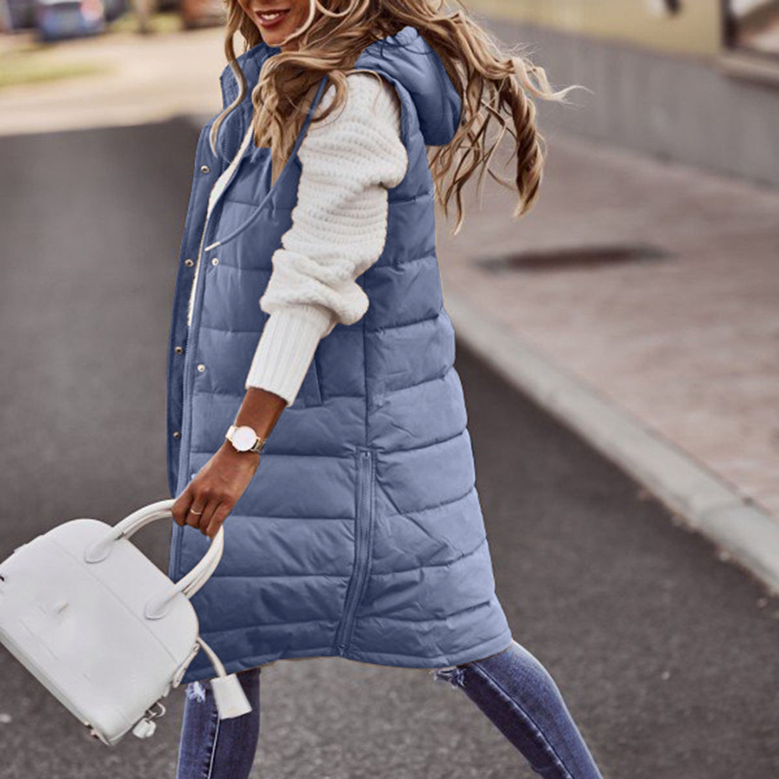 Manteaux d'hiver longs pour femmes, gilet avec capuche, matelassé, veste en coton, sans manches, manteau chaud avec poches, vestes d'extérieur, S-5XL