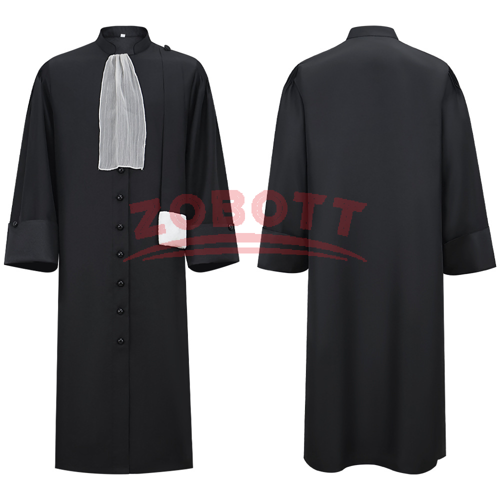 Costume de robe de magistrat médiévale avec col jabot plissé, robe de prêtre vintage, robe de chœur, tenue de cosplay d'Halloween en stock
