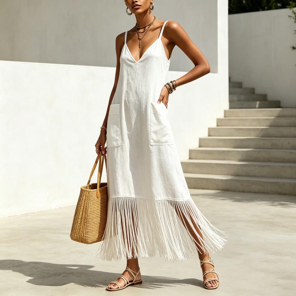 Robe de soirée décontractée à franges, robe longue à ourlet à franges, robe ample à bretelles spaghetti pour les vacances à la plage avec poches