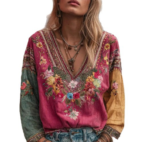 Chemise décontractée à col en V imprimée pour femmes, chemises à manches longues, hauts à la mode, style bohème, vintage, vêtements de printemps pour femmes
