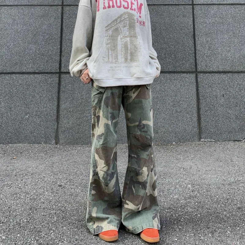 Pantalon cargo ample camouflage coupe bootcut pour homme – Style streetwear décontracté printemps-automne – Tendance rétro américaine