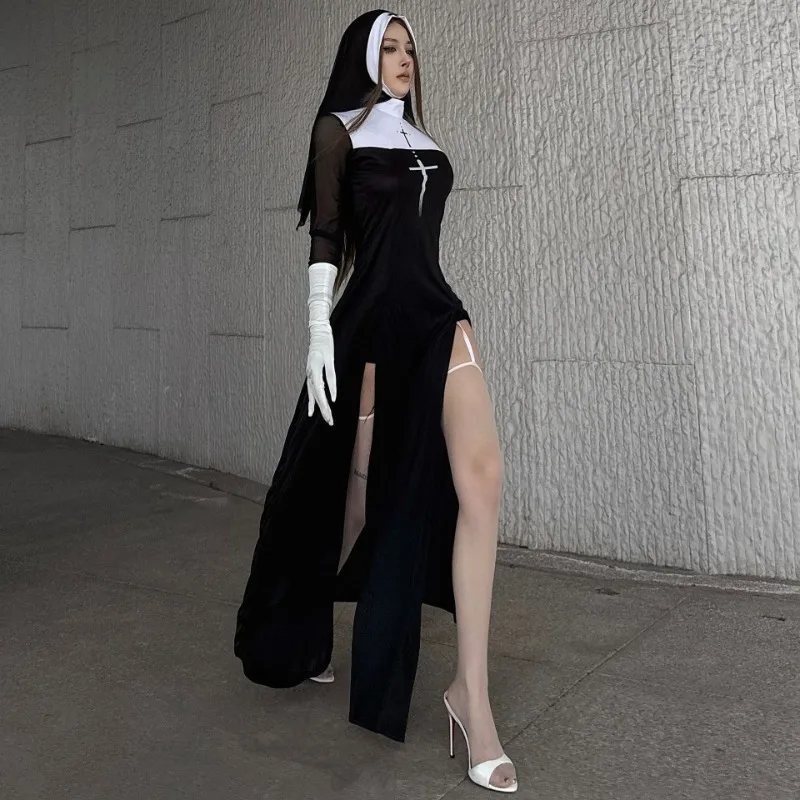 Costume d'halloween Sexy pour femmes adultes, Robe fantaisie de Cosplay de nonne Anime, Robe gothique longue noire, uniforme de fête de carnaval, événements à thème