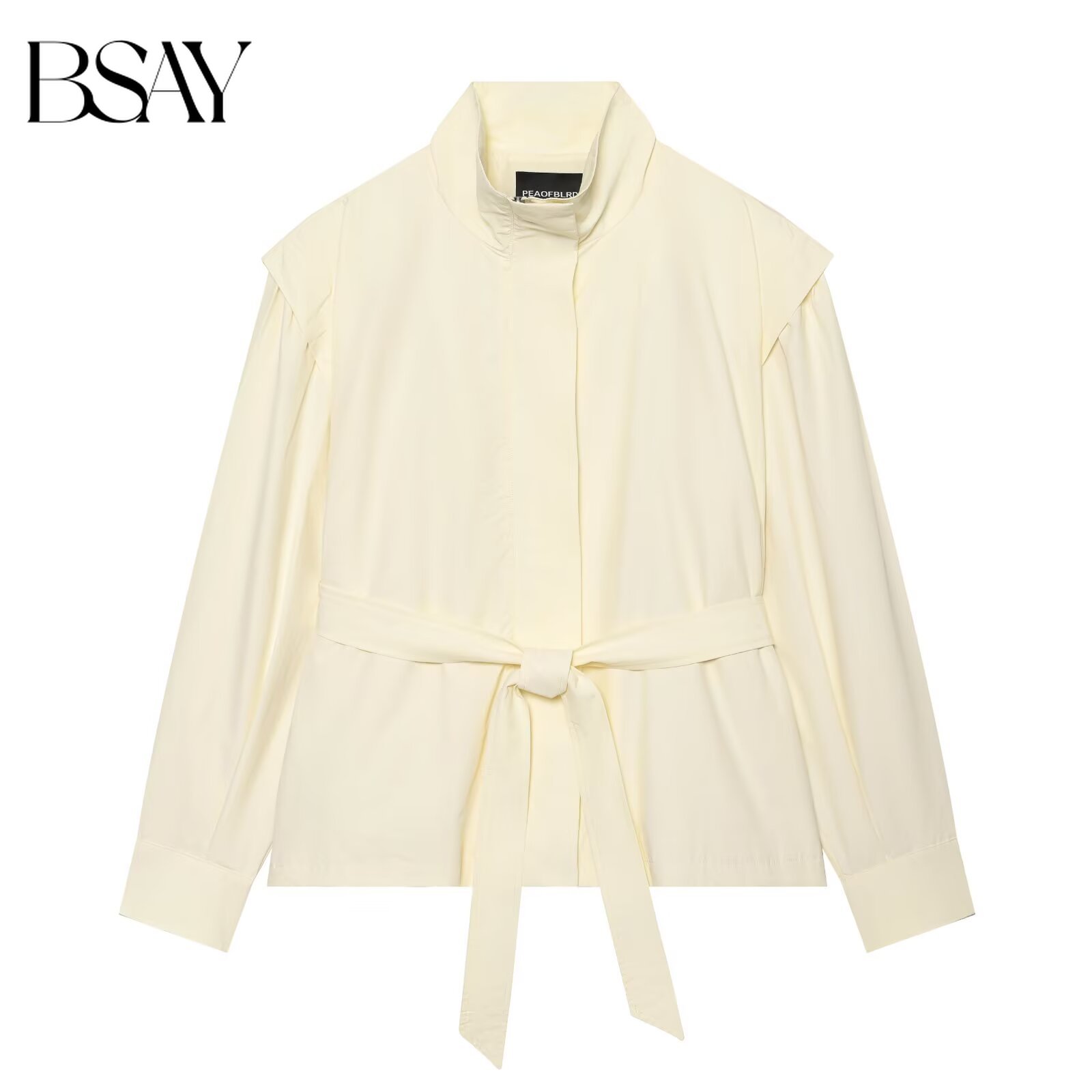 BSAY Manteau Trench Court Décontracté pour Femme, Col Montant, Décoration Épaule, Ceinture à Nouer, Coupe Ample, Couleur Unie