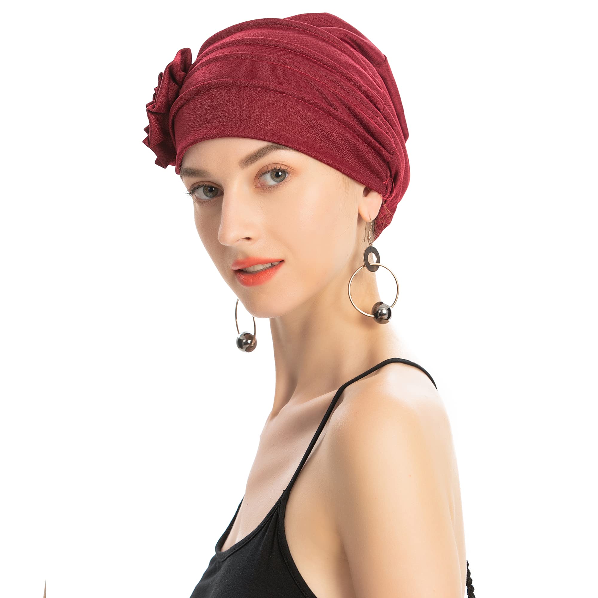 Mode musulmane couleur unie femmes Hijab Turban bonnet chapeau avec fleur chimio chapeaux élastique tête enveloppement casquette
