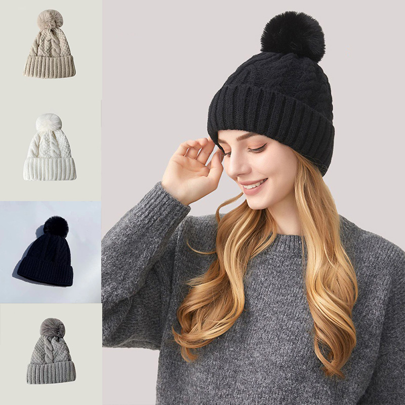 Femmes hiver tricoté bonnet chapeau fausse fourrure hiver chapeaux fourrure Pom chaud gros tricot crâne casquette mignon mode tricot bonnet