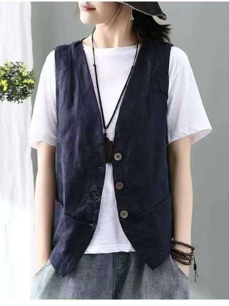 Gilet sans manches pour femmes, nouvelle mode, minimaliste, élégant, rétro, été, loisirs, simple boutonnage, vêtements d'extérieur pour dames