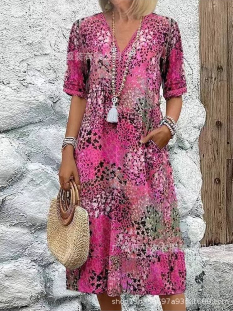 Robes vintage mi-longues à dentelle pour femmes, style bohème moderne, imprimé floral, robe longue décontractée à manches courtes et col en V, robe femme