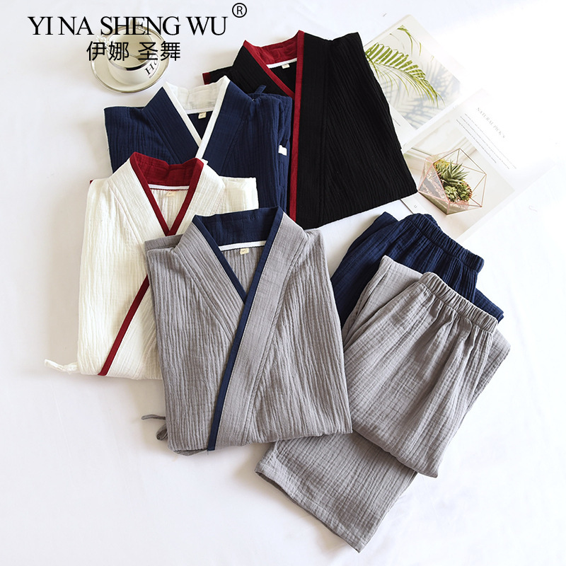 Pyjama en gaze de coton pur Hanfu pour hommes, kimono mince de style japonais, grande taille, maison trempée à la vapeur, printemps et automne