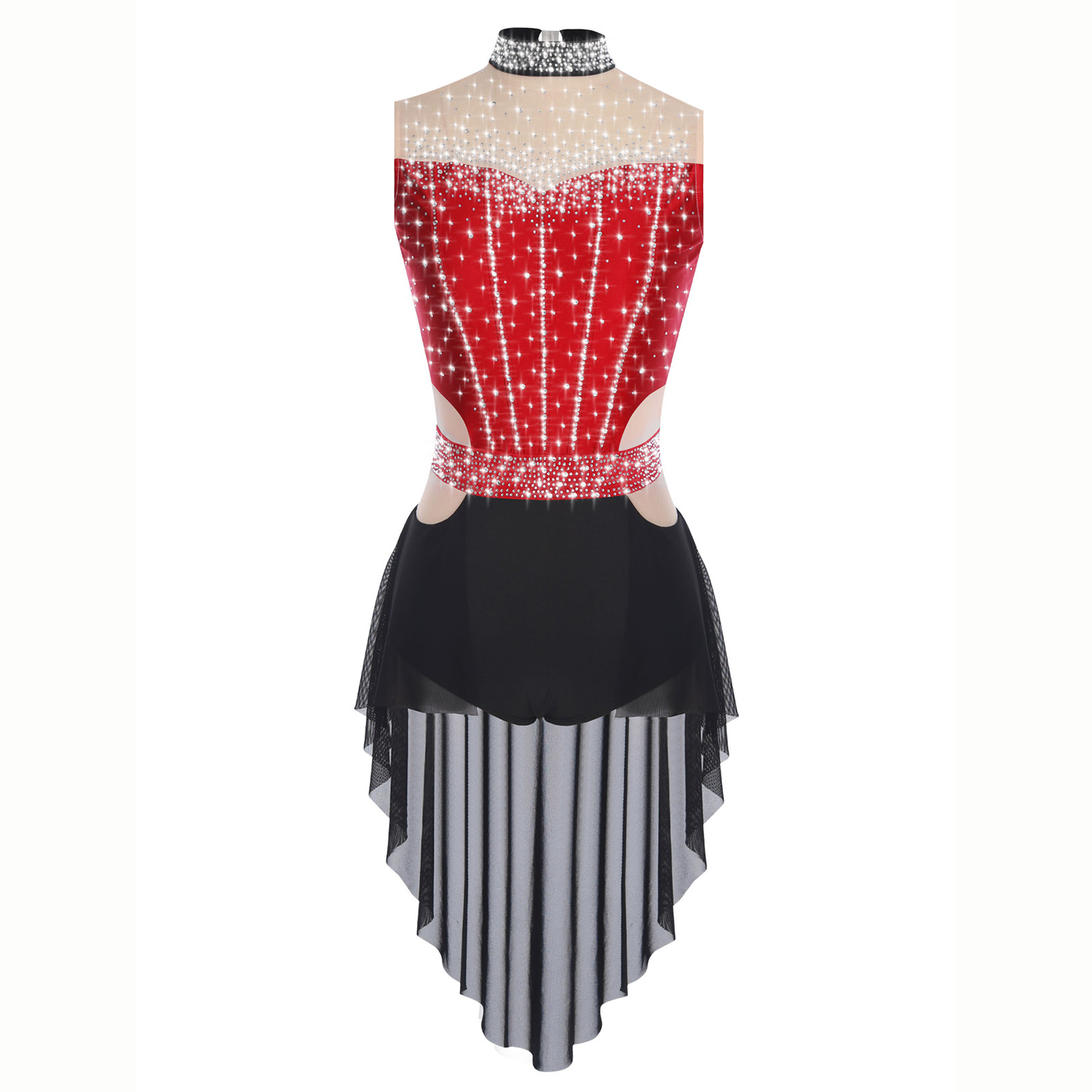 Robe de danse lyrique pour femmes, vêtements de danse modernes, sans manches, dos nu, strass brillants, maille Patchwork, jupe justaucorps