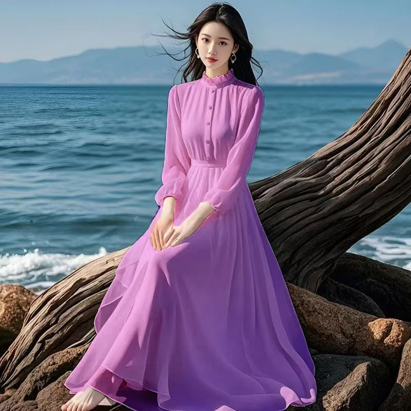 Printemps été femmes robe 2025 nouveau bohème plage longues robes en mousseline de soie dames élégantes manches longues robe d'été mince dames robes