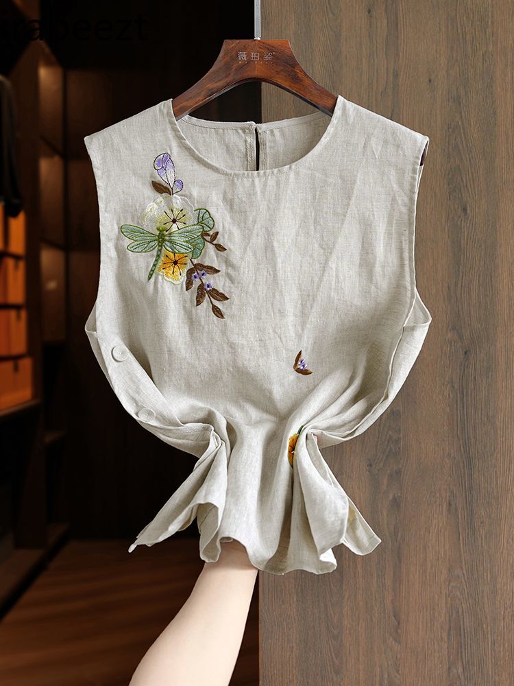 Gilet brodé en lin de Style chinois pour femmes, sans manches, ample, style Boho, tunique décontractée, débardeur d'été pour femmes