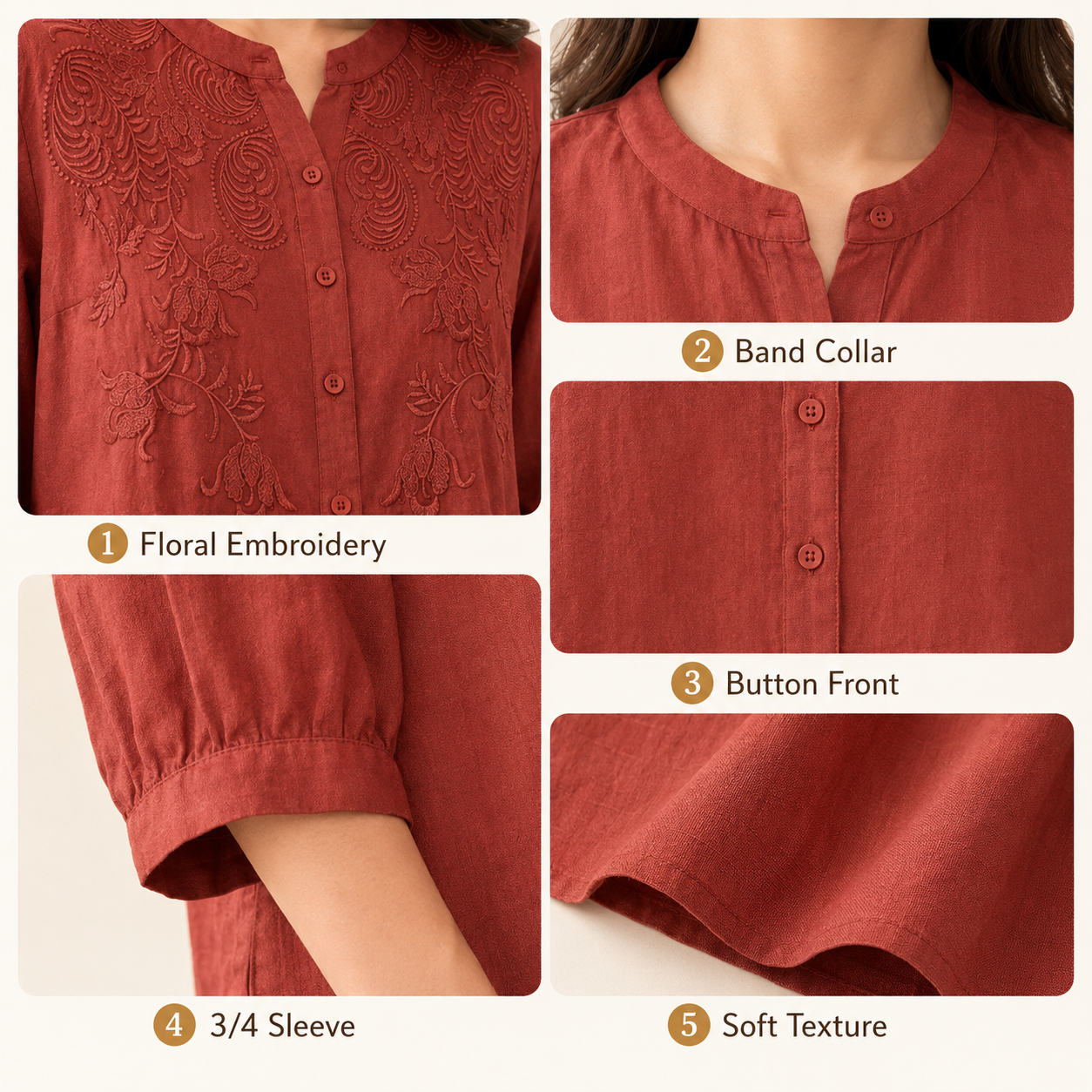 Chemisier brodé boutonné pour femme, manches 3/4, style lin léger, broderie florale, coupe décontractée, haut d'été