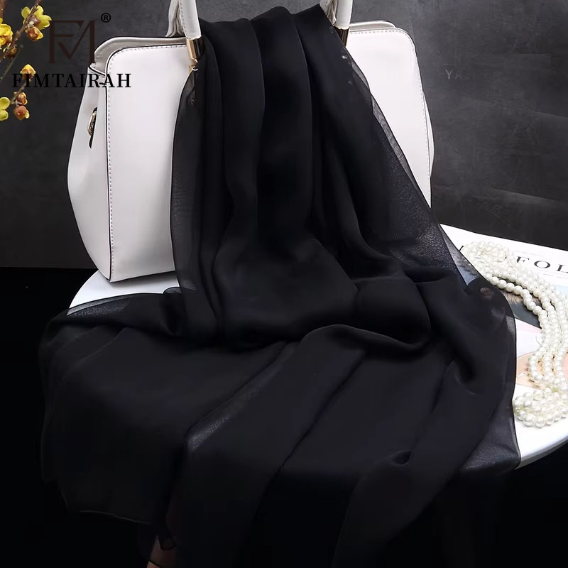 Fimchlorin-Foulard en mousseline de soie pour femme, couleur noire, 100% véritable, fine, solide