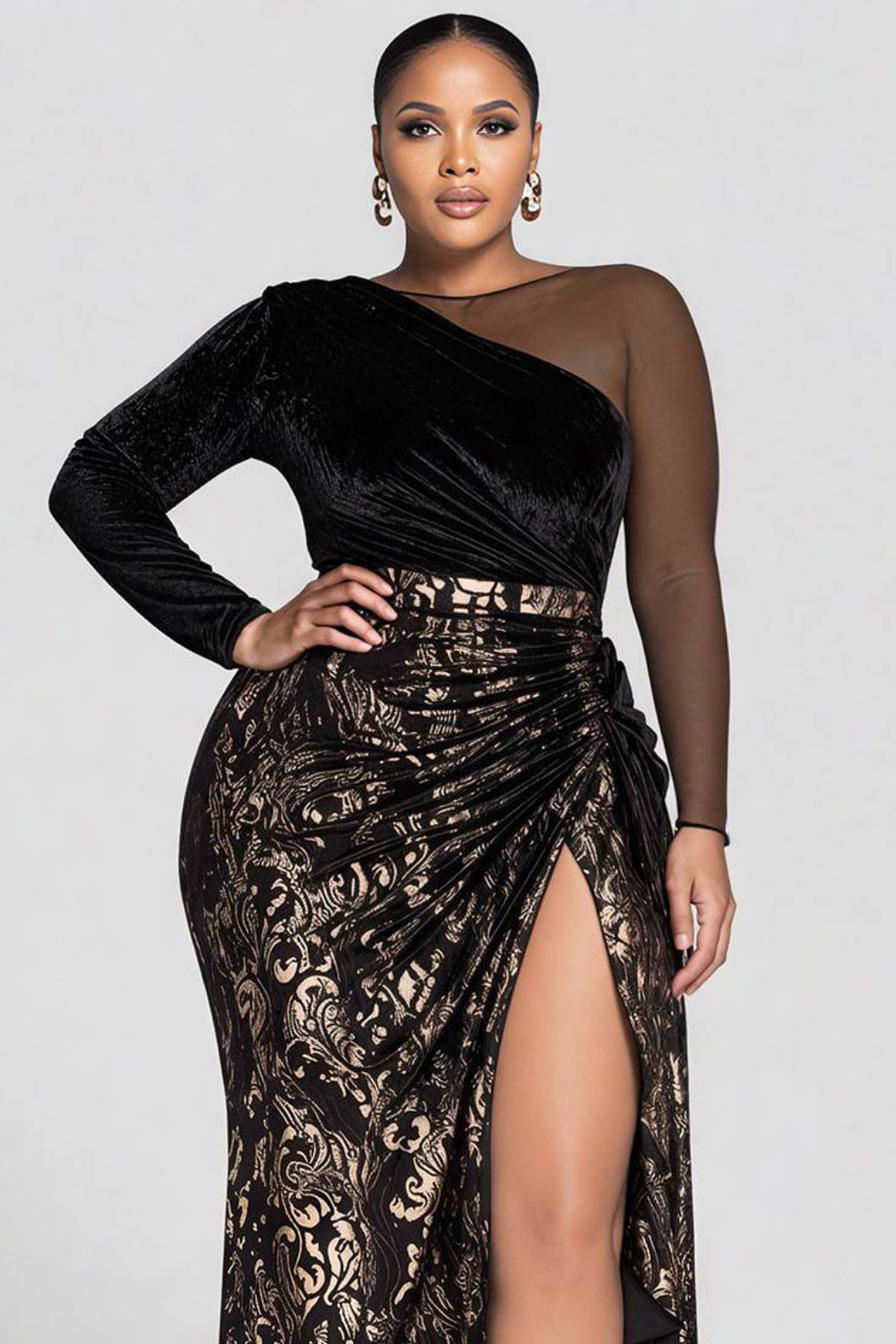 Grande taille formelle noir partout imprimé col rond manches longues contraste élégant fendu velours Maxi robes