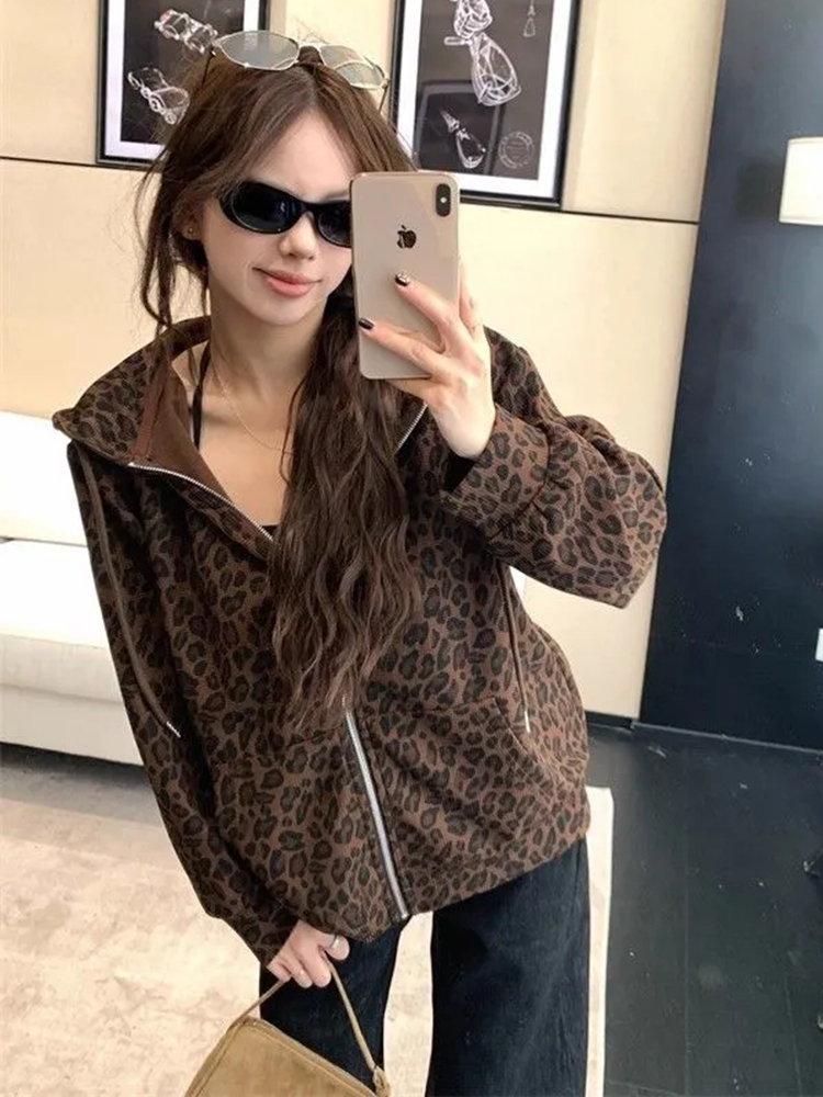 Sweat-shirt à capuche léopard pour femmes, Streetwear, ample, rétro, Harajuku, Hip Hop, automne, Vintage américain, manches longues, hauts, nouveau, Y2K