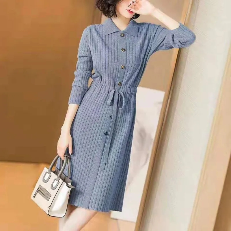 Robe pull ample en maille avec lacets, nouvelle collection printemps 2026, taille XXXL, haut de gamme, col rabattu, robe longue tricotée pour femme, robe d'automne