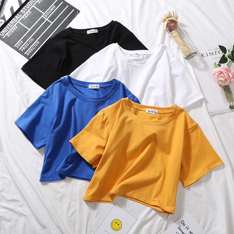 Été à manches courtes t-shirts femmes coton solide T-shirt col rond taille haute haut court T-shirt femme décontracté ample T-shirt