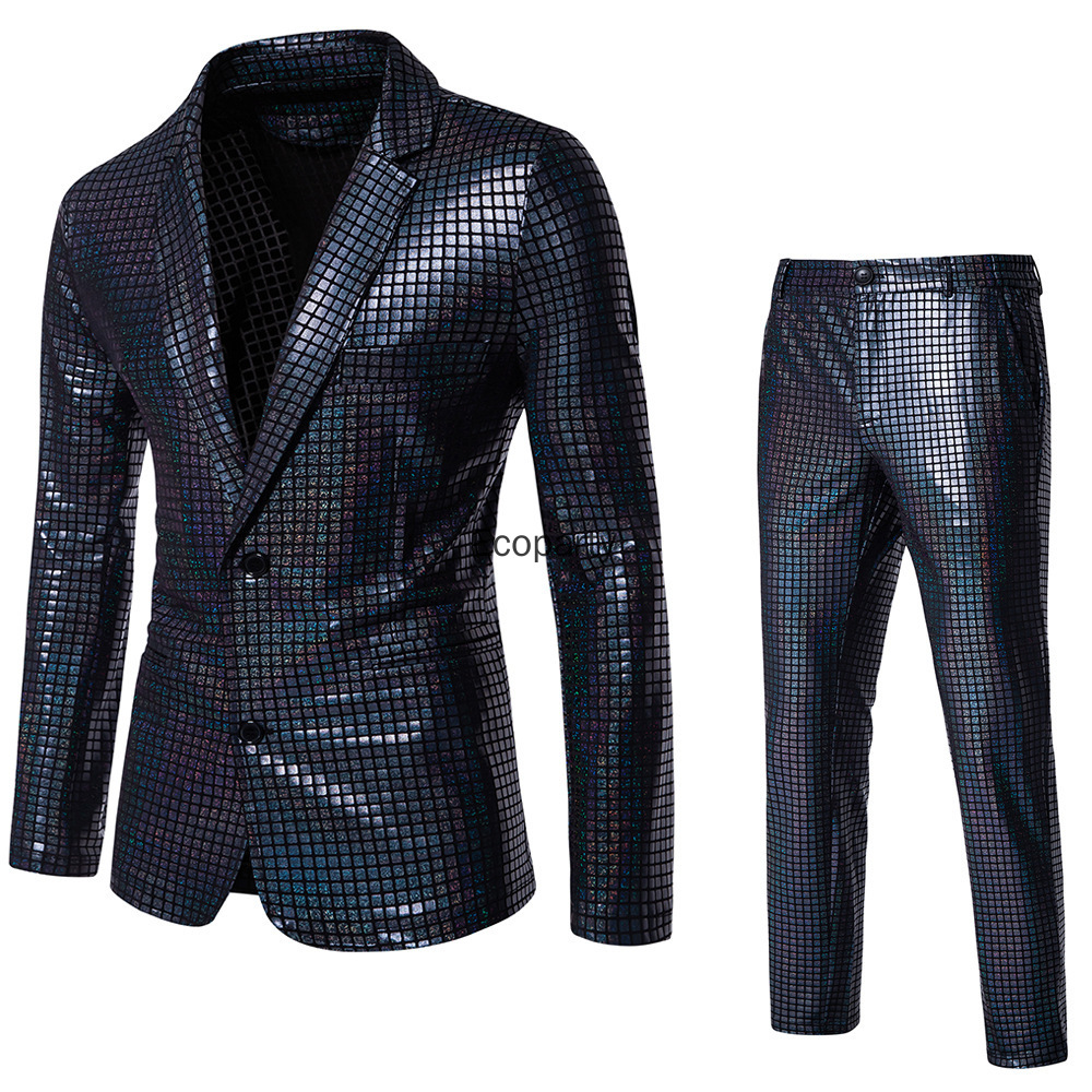 Costume de disco des années 70 pour homme, veste et pantalon à paillettes métalliques arc-en-ciel, costume de fête d'Halloween, ensemble brillant pour scène et boîte de nuit