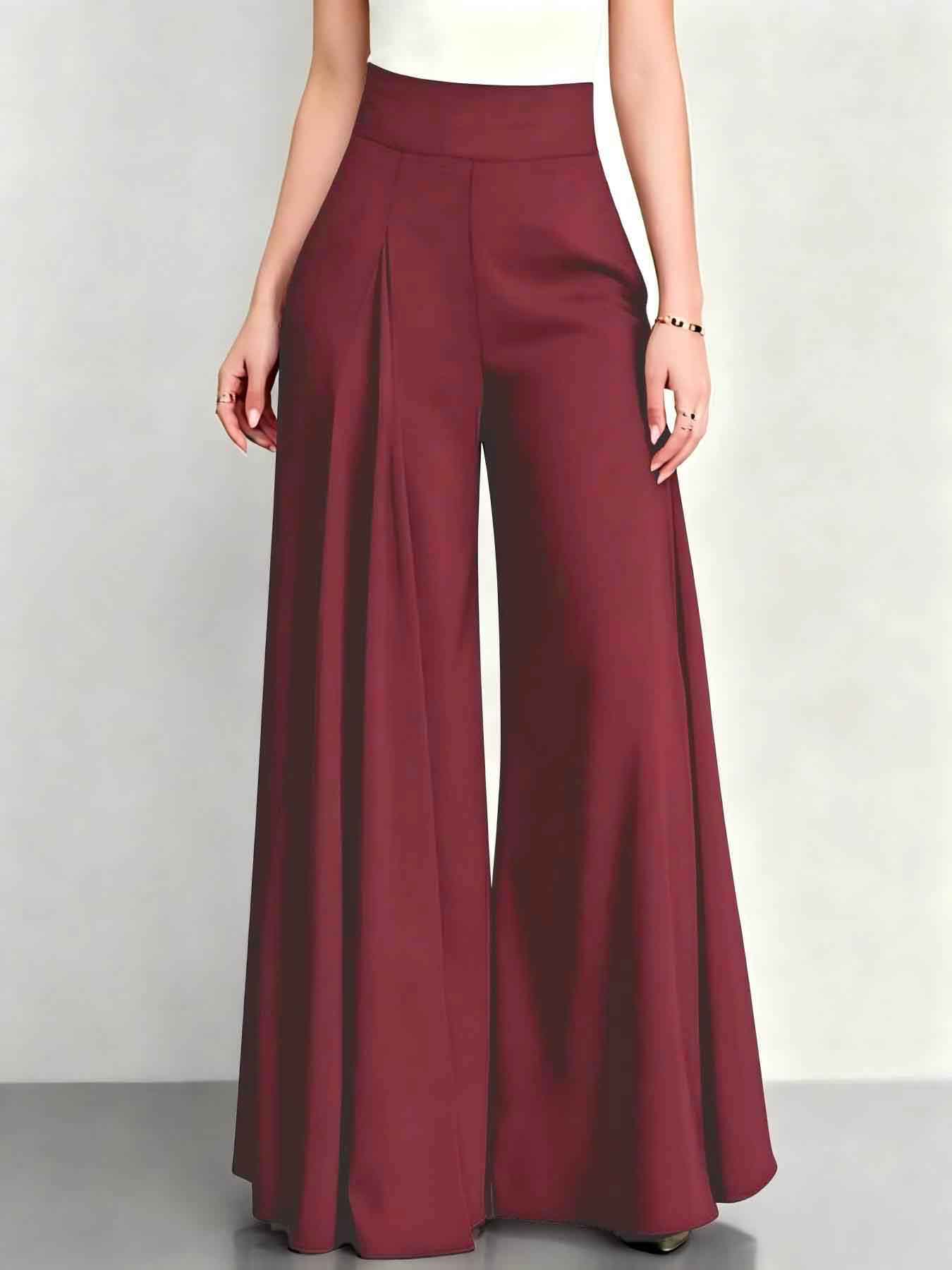 Pantalon Palazzo Plissé Élégant Taille Haute pour Femme, Coupe Ample Évasée, Couleurs Unies, Long, Idéal pour le Bureau et le Travail, Jambe Large