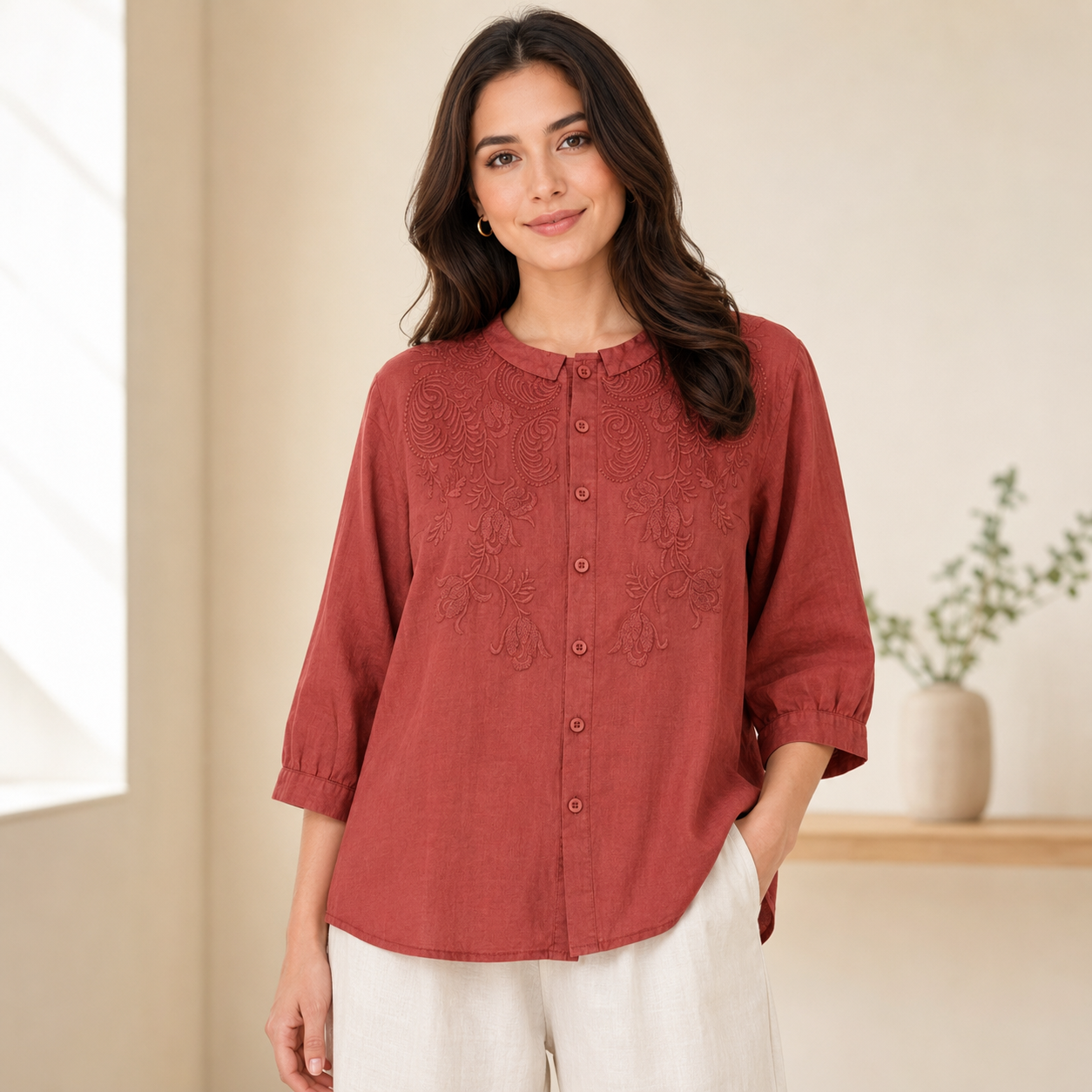 Chemisier brodé boutonné pour femme, manches 3/4, style lin léger, broderie florale, coupe décontractée, haut d'été