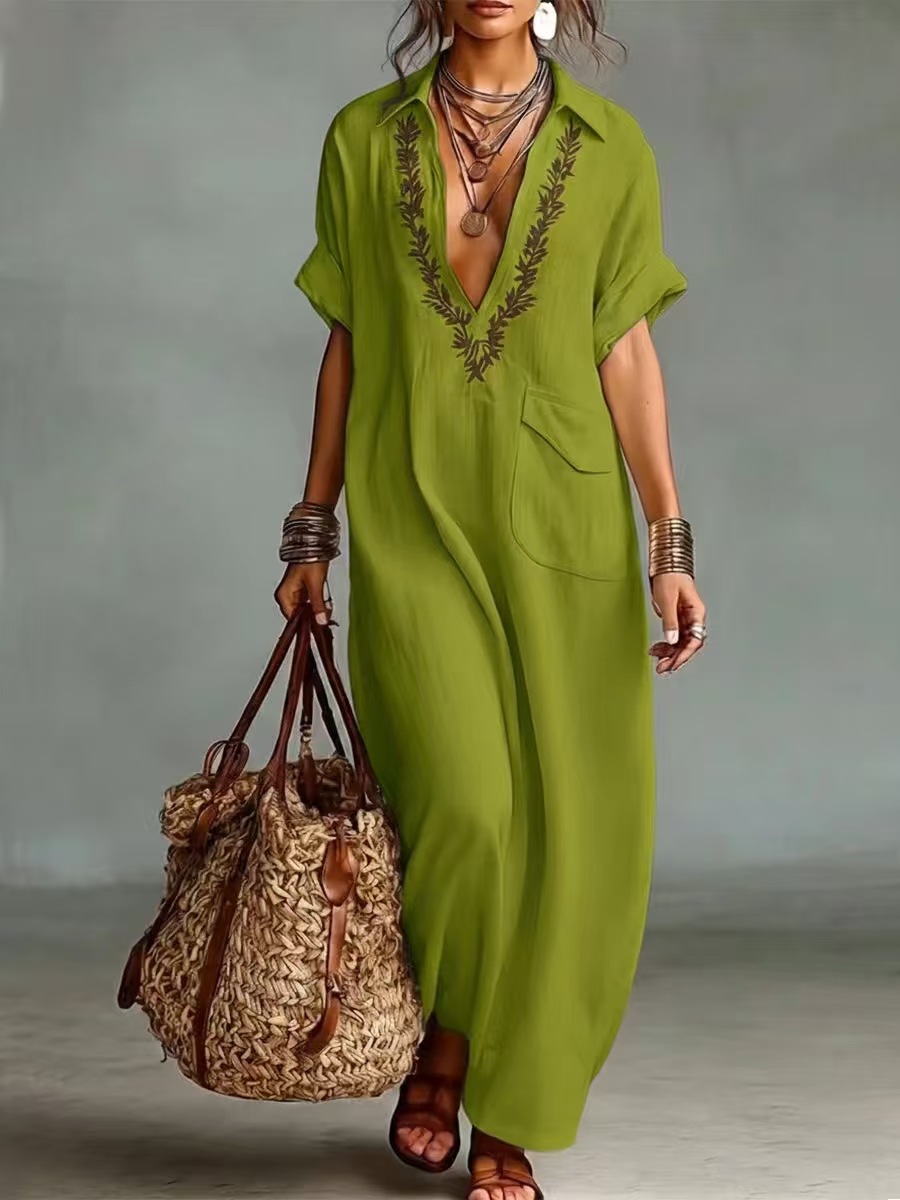 Robe longue en lin mélangé pour femmes, col en V brodé, manches courtes, coupe ample, robe à poches, style décontracté bohème, vacances d'été à la plage, kaftan