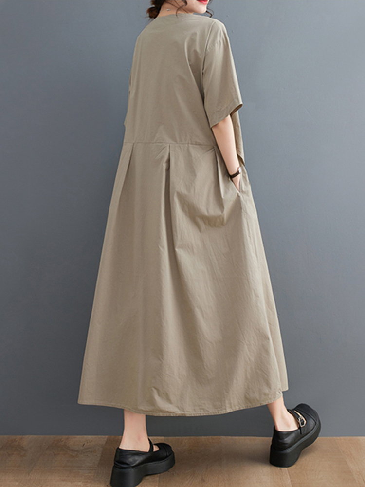 Robe longue décontractée kaki vintage patchwork à manches courtes pour femme, style coréen, nouvelle collection été, vêtements élégants 2026