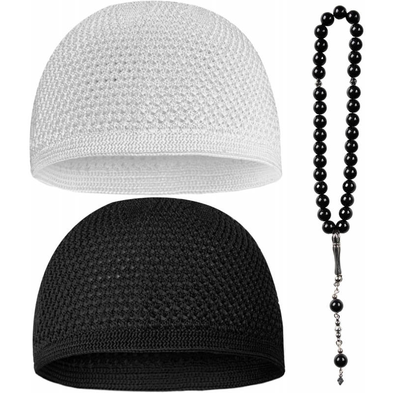 Ensemble de 3 chapeaux Kufi pour hommes, en crochet, Taqiyah respirant et extensible, bonnet noir et blanc, chapeaux de prière islamiques avec 33 perles Tasbih