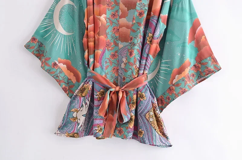 Boho Dinner ens-Robe Kimono pour Femme, Imprimé Floral, Manches Chauve-Souris, Plage, Bohème, Col en V, Rayonne, Coton, Robe Courte