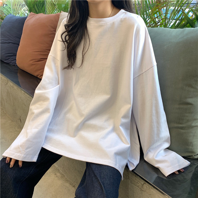 Harajuku T-shirt Long printemps automne solide Simple surdimensionné T-shirt pour femmes Goth T-shirts fendu blanc noir à manches longues hauts