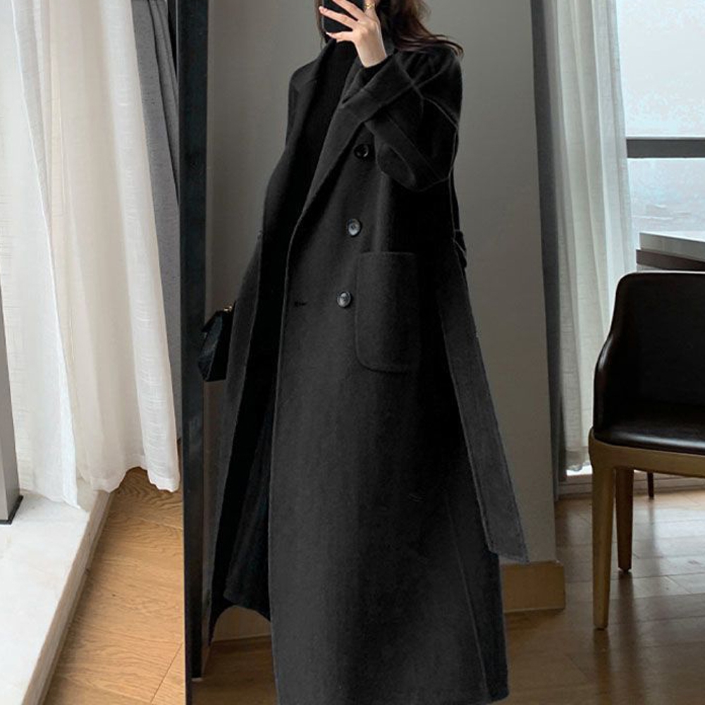 Automne hiver 2025 manteau femmes Chic décent couleur unie Double boutonnage à manches longues revers Long bureau dame manteau pour les femmes