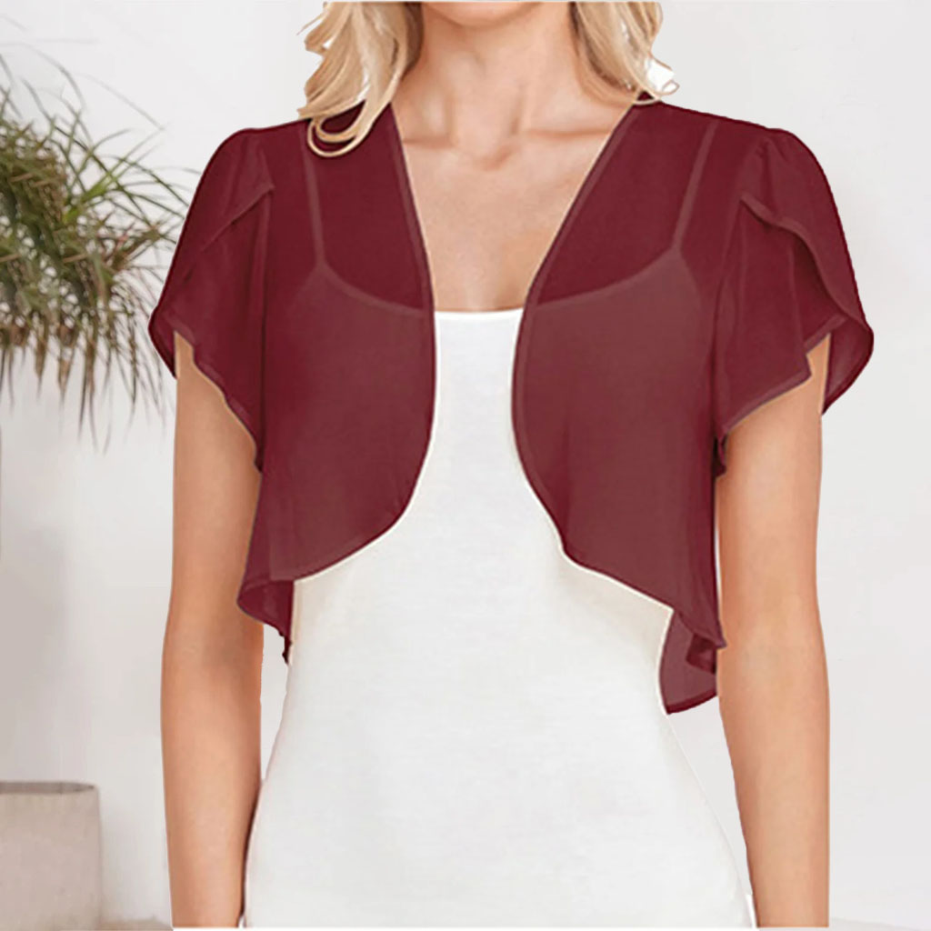 Nouvelle Blouse Femme Europe et États-Unis, Couleur Unie, Manches Courtes, Cardigan Fin en Chiffon, Cape à Nouer
