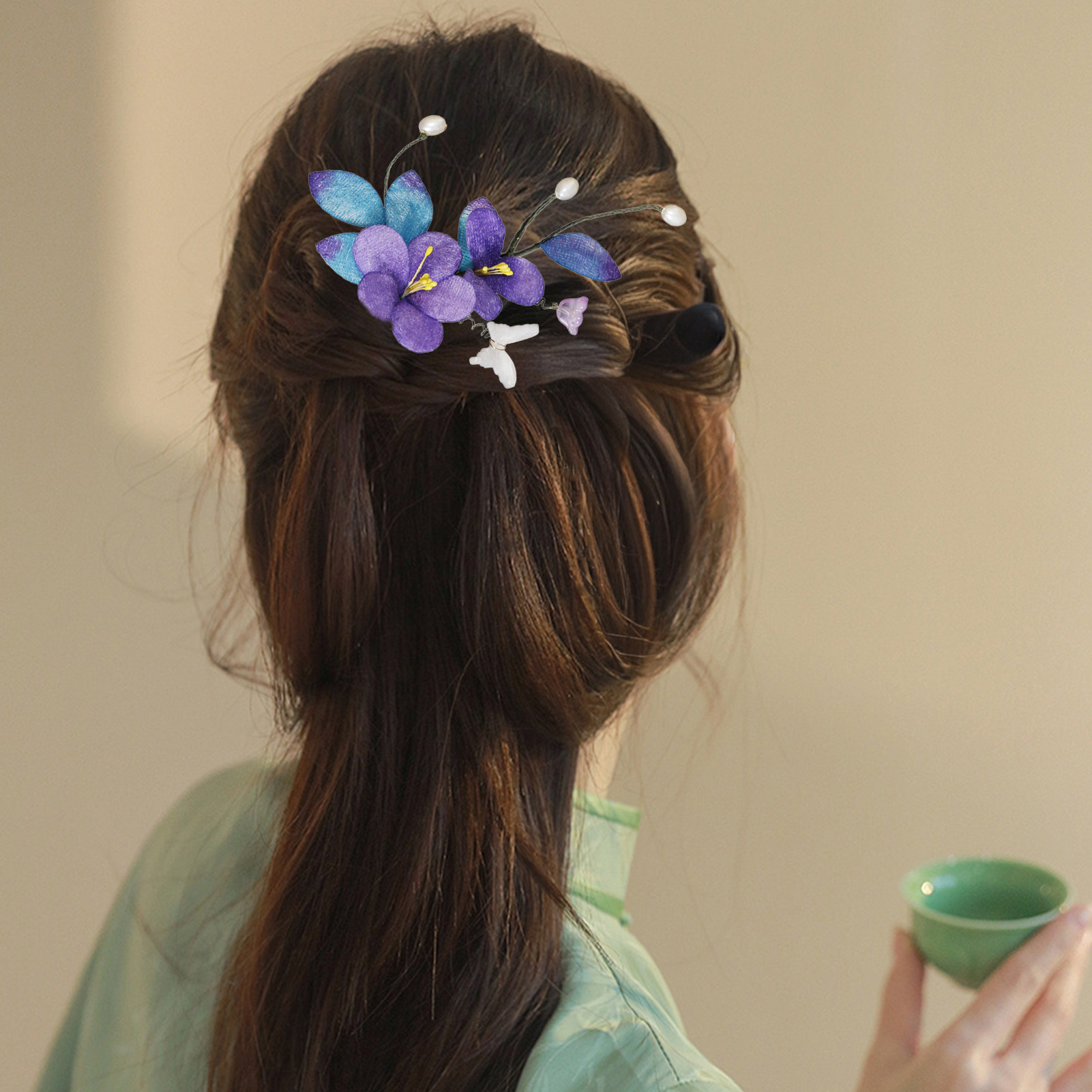 Épingle à cheveux en Faux velours violet, accessoires pour cheveux de Style ancien, artisanat en filigrane fait à la main pour la photographie de Cosplay Hanfu, 1/3 pièces