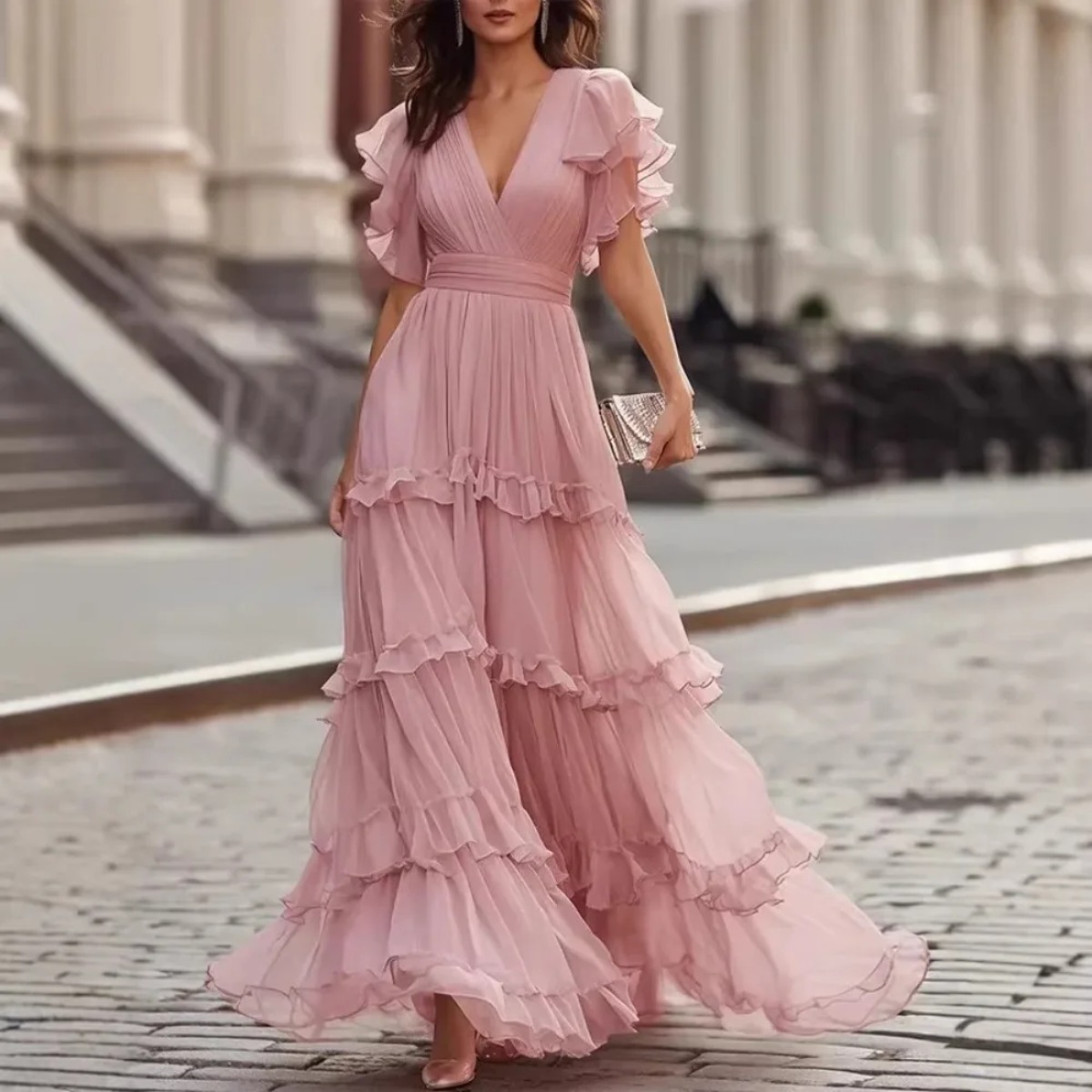 Robe longue en mousseline pour femme, col en V profond, manches courtes à volants, ourlet à volants, fluide et élégante, pour invitées de mariage, soirées et fêtes