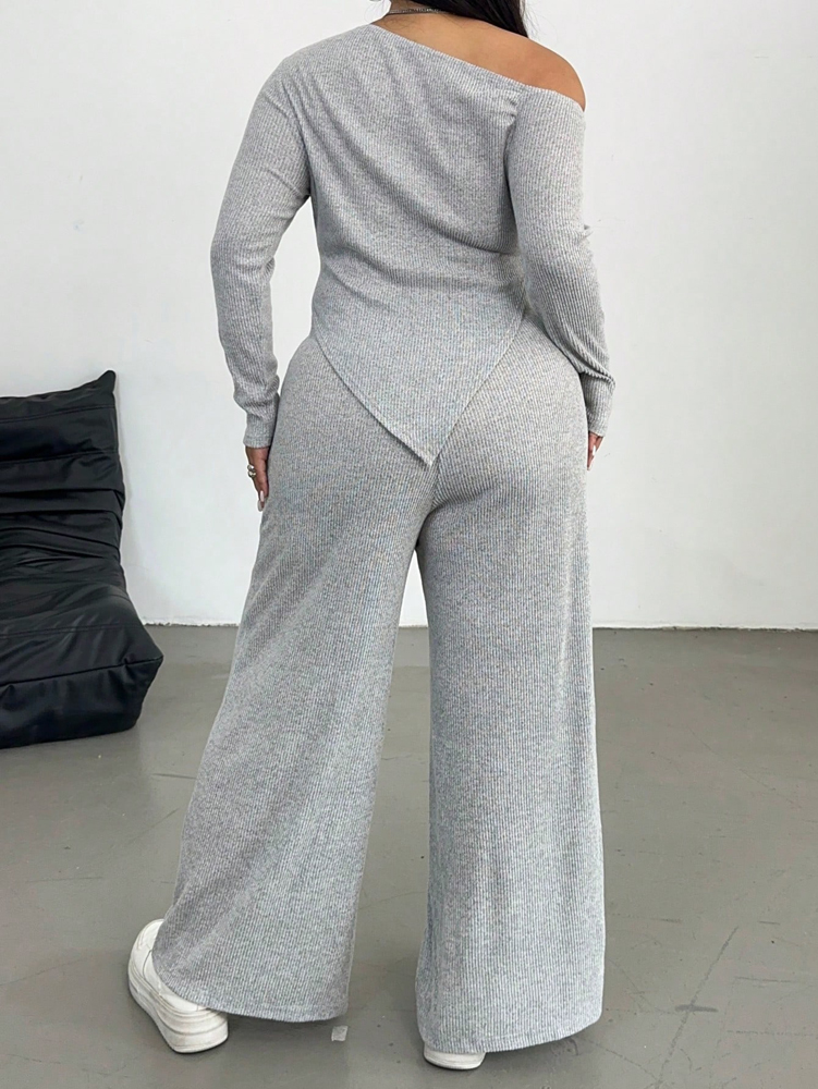 Grande taille Sexy Slash épaule à manches longues pantalons décontractés deux pièces ensemble banlieue Style loisirs couleur unie maison